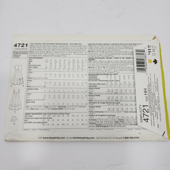 Simplicity 4721 Lizzie McGuire Girls' Dress with Bodice & Hat Size HH 3-6 UNCUT - Picture 2 of 3